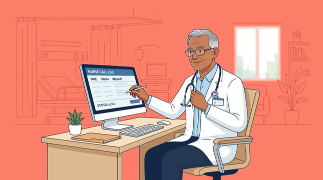 Doctor using computer in clinic, medical records on screen, illustration