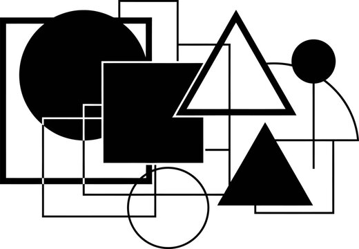 Modern abstract geometric composition with solid black shapes and thin outline wireframes.