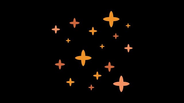 Animated orange sparkling stars appearing and fading on a plain solid black background surface with rhythmically appear disappear displays collection stylized background simple looping decoration