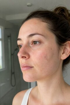 Woman Wearing Hydrocolloid Pimple Patch in Bathroom