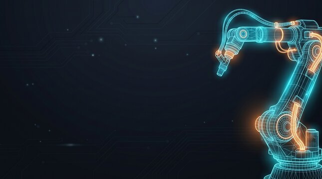 Minimalist Futuristic Autonomous Robotics Background with Glowing Mechanical Arm Wireframe and Wide Copy Space