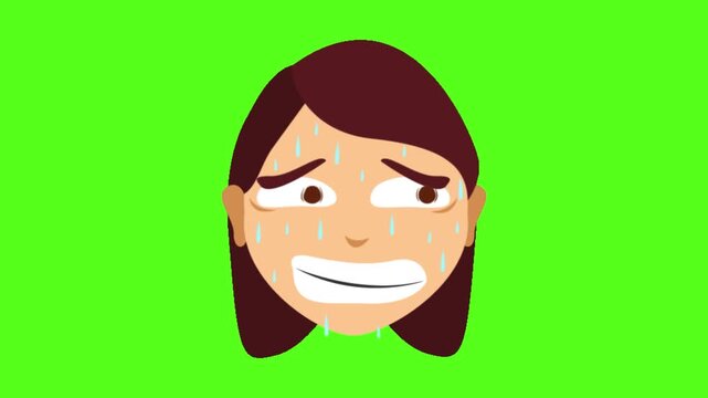 Three identical cartoon faces of a sweating woman looking nervous on a bright green background with nervous expression beads vibrant green backdrop face against vibrant backdrop simple flat stress