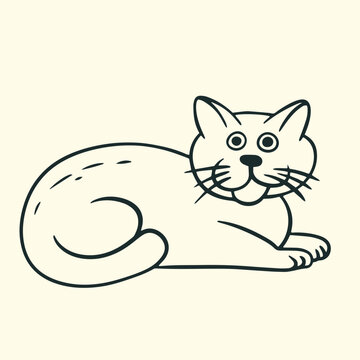 Cute cartoon cat lying down relaxing, hand drawn black and white vector outline illustration.