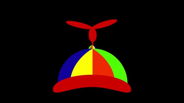 Three colorful propeller hats arranged in a row against a solid black background design element with each displaying vibrant multi colored segments spinning red blade top hats placed horizontal icon
