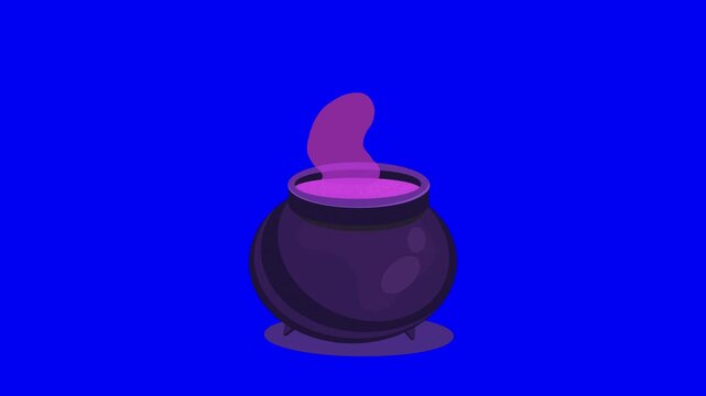 Animation of three black cauldrons with purple bubbling liquid emitting steam on a blue background with presented flat vector graphic design video repeating animation identical black pots container