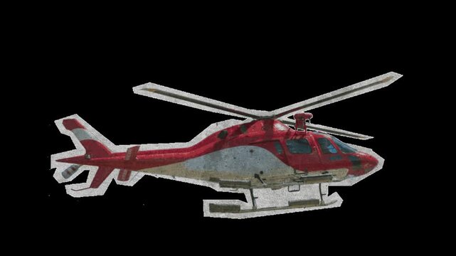 Three red and white helicopters flying in a row against a solid black background with presented repeating sequence aircraft steady mid air flight horizontal formation against video three identical