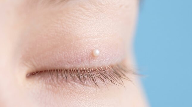 Close-up of Milium Keratin Cyst Pearl Bump on Closed Upper Eyelid Skin