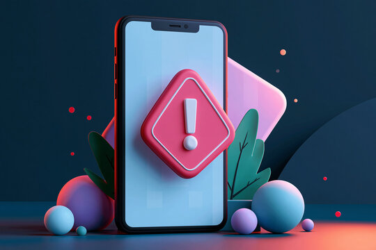 3D Smartphone Alert Icon, Error Notification on Mobile Device Screen