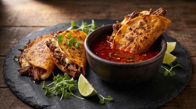Authentic Mexican beef birria tacos with melted cheese, dipped in rich savory dipping consomme broth, served with fresh cilantro and lime wedges on a rustic dark stone plate with moody lighting