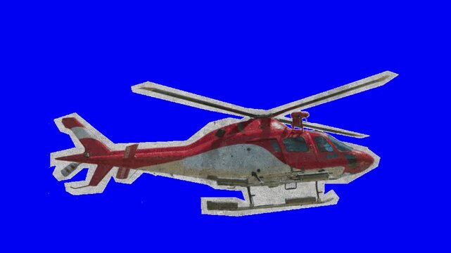 Three identical red and white helicopters flying in a row against a solid blue background with suggesting fleet squadron formation professional use helicopters positioned horizontal transportation