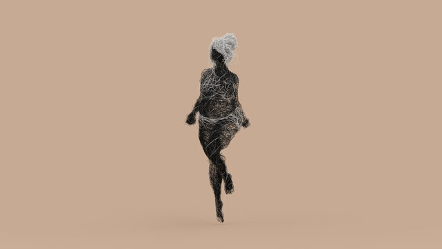 Experimental 3D Wire Mesh Female Figure Jumping Pose Tangled Abstract Form