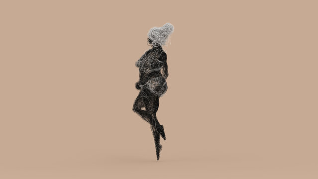 Experimental 3D Wire Mesh Female Figure Jumping Pose Tangled Abstract Form