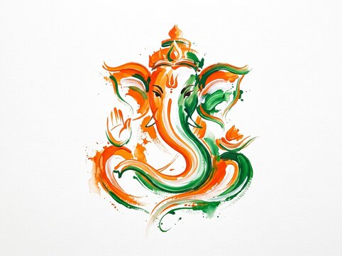 Dynamic paint-splattered illustration of Lord Ganesha created with bold saffron, green, and white brush strokes on a clean white background.