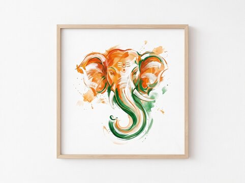 Framed watercolor artwork displaying an abstract head portrait of Lord Ganesha painted in vibrant saffron and green strokes on white background.