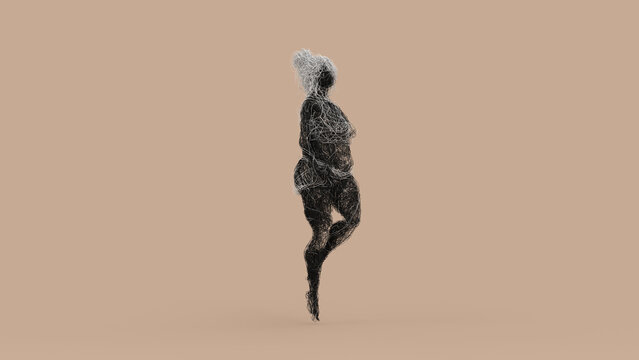 Experimental 3D Wire Mesh Female Figure Jumping Pose Tangled Abstract Form