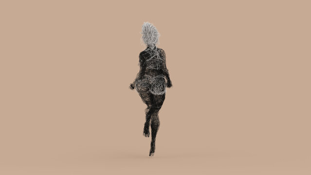 Experimental 3D Wire Mesh Female Figure Jumping Pose Tangled Abstract Form
