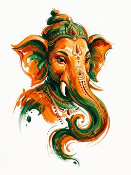 Expressive abstract brushstroke portrait of Lord Ganesha's head in rich green and saffron oil paint texture over a white background.