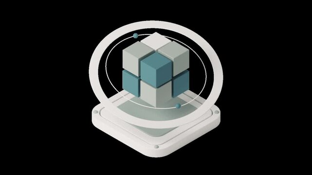 Three isometric cube structures with orbiting rings on platforms against a solid black background with rotating square platforms video three separate composition collection minimalist innovation