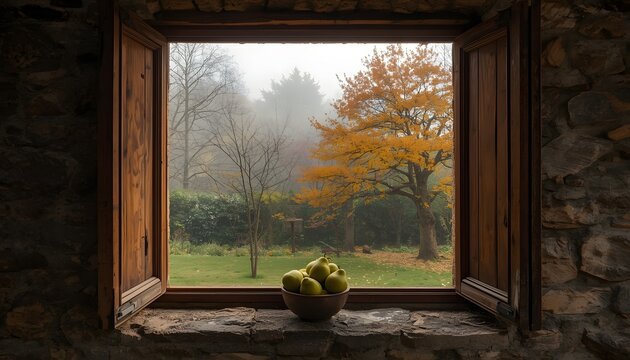 A view from inside a rustic stone cottage looking out through an open wooden window