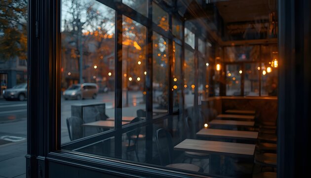 A view from the street looking into a cozy modern cafe window