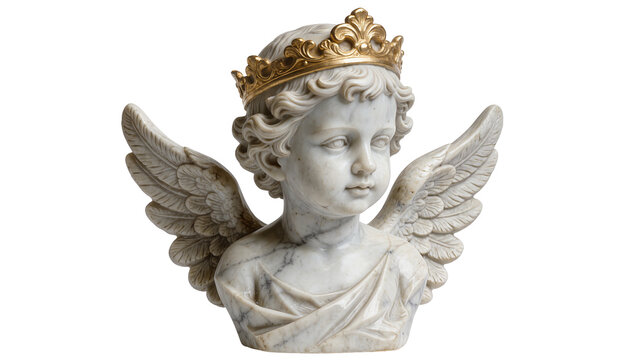 Marble cherub bust with golden crown and feathered wings, isolated on transparent background