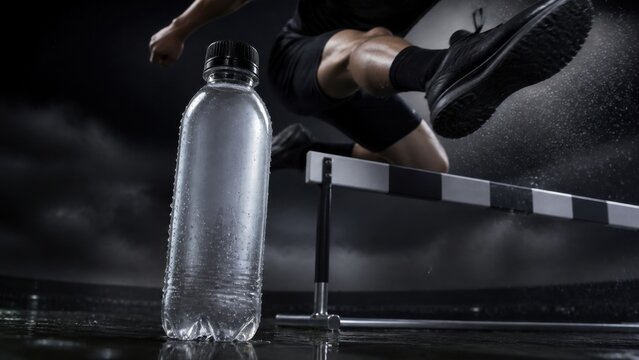 Athlete jumping over a hurdle beside a water bottle in a dark gym. Fitness training, hydration, endurance, and competitive track workout concept with dramatic motion.