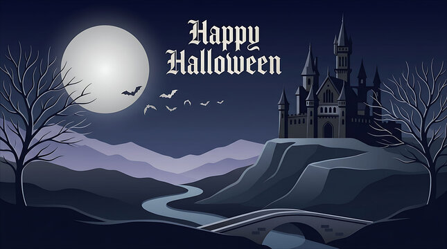 Moonlit Halloween Mountain Landscape with Haunted Forest