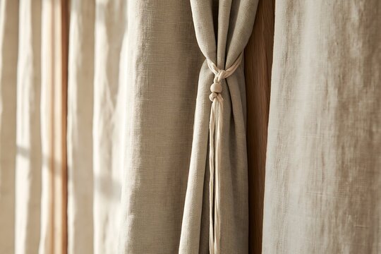 A beige linen curtain is tied back with a simple drawstring featuring a wooden bead, creating soft folds and shadows in a sunlit interior space
