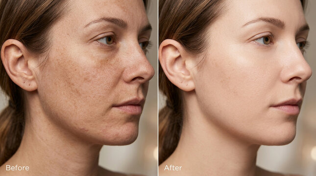 Woman's Face Before and After Skin Treatment for Dark Spots and Hyperpigmentation