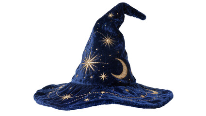 Deep blue velvet wizard hat with golden celestial embroidery, isolated on transparent background © JOSEPH