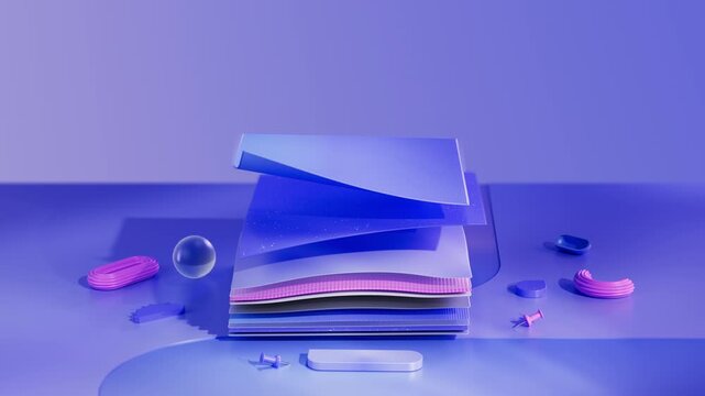 Stacked sheets lift and separate into floating layers before descending and forming a neat display suitable for logo presentation in a playful pastel 3D animation.