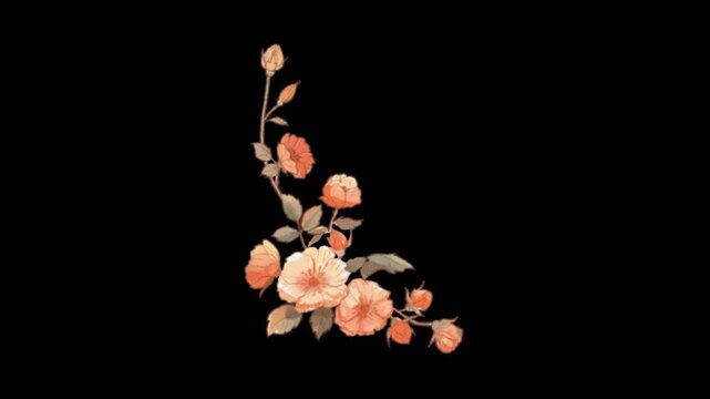 Three identical floral corner arrangements featuring soft peach colored blossoms isolated on a black background with showcasing elegant botanical digital art elements displays three symmetrical leaf