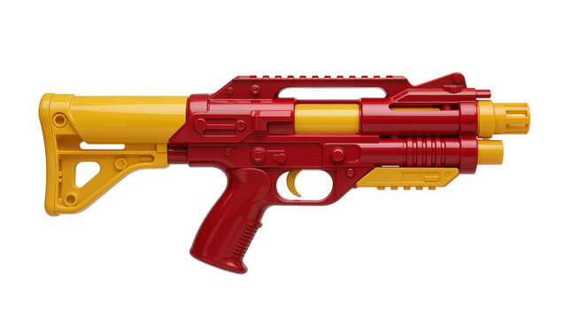Red and yellow plastic toy rifle with tactical features, isolated on transparent background
