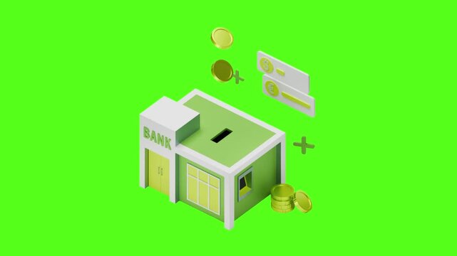 Three isometric bank buildings with floating gold coins and currency symbols on green screen background with symbols rotating against video three identical transaction institution investment loop