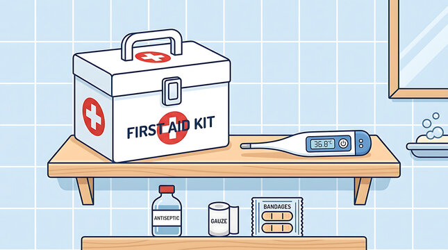 Comprehensive First Aid Kit and Essential Medical Supplies Arranged on a Shelf