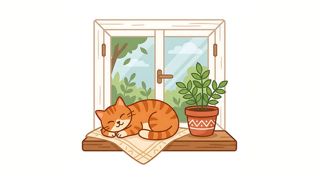 Cute orange tabby cat sleeping peacefully on a windowsill with a potted plant and outdoor view