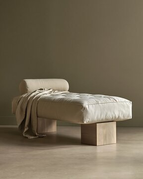 A low wooden daybed featuring a white tufted mattress, a round bolster pillow, and a draped white linen sheet in a minimalist interior space
