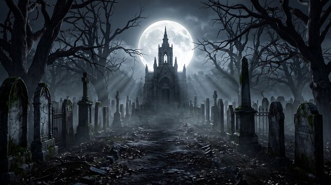 Spooky gothic cemetery under a bright full moon with dark church and ancient tombstones