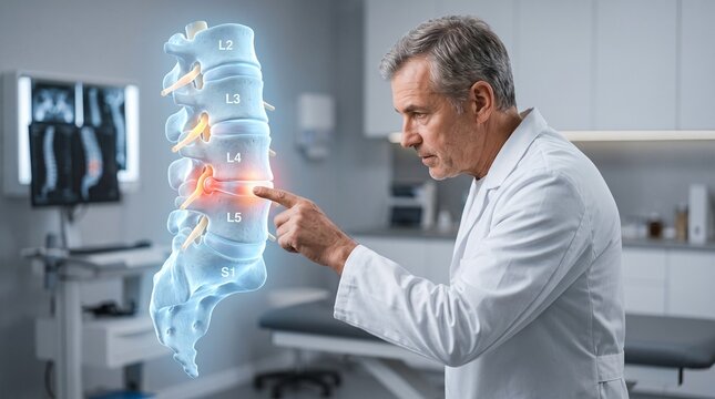 Doctor points to a glowing human lumbar spine model in a medical office examination room