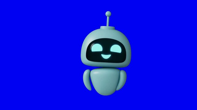 Three blue robotic characters with glowing faces and speech bubbles against a vibrant blue background with modern digital animation style floating against solid video displays three communication