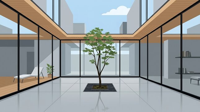 Modern Minimalist House Courtyard Illustration with Central Green Tree Glass Walls and Elegant Interior Design