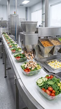 Automated food production line filling clear containers with fresh salads and grilled chicken pieces