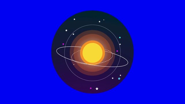 Three circular icons showing rotating planets around a central sun against a blue background with orbiting planets revolving icons depicting stylized stylized solar systems video three animated