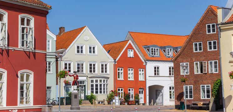 Panorama of colorful houses at the Kagmanden square in Tonder, Denmark