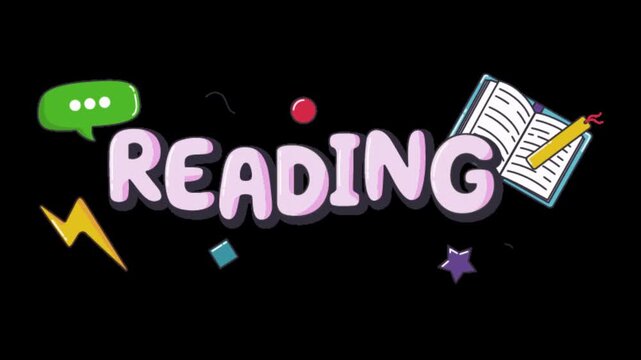 Three identical animated reading word stickers displayed in a horizontal row against black background with background smooth looping bubble icon horizontal reading book speech typography animation
