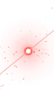 Bright coral red circular with concentric rings and a central starburst effect surrounded by floating glowing white particles isolated on a transparent background