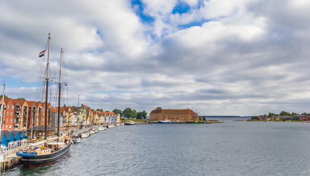 Large sailing ship in the historic harbor of Sonderborg, Denmark