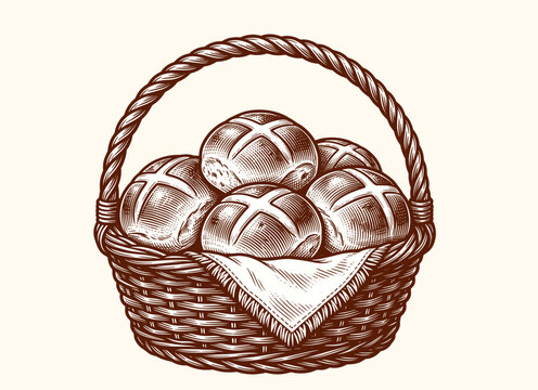 Bread basket filled with round loaves and cloth lining, vintage engraved illustration, bakery and food vector illustration.