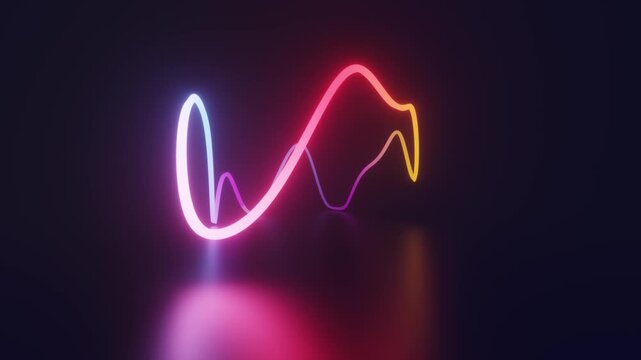 Looping neon waveform glowing above reflective dark abstract surface