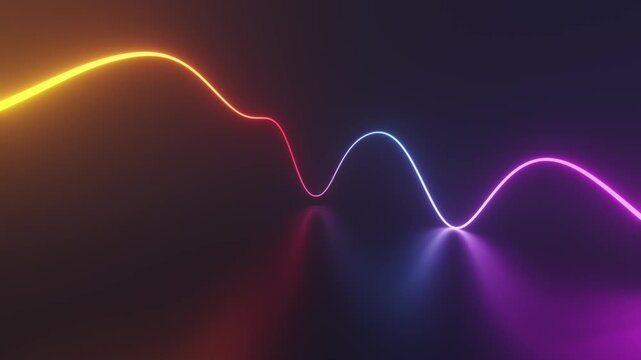 Looping neon curve with glowing waves on dark abstract background